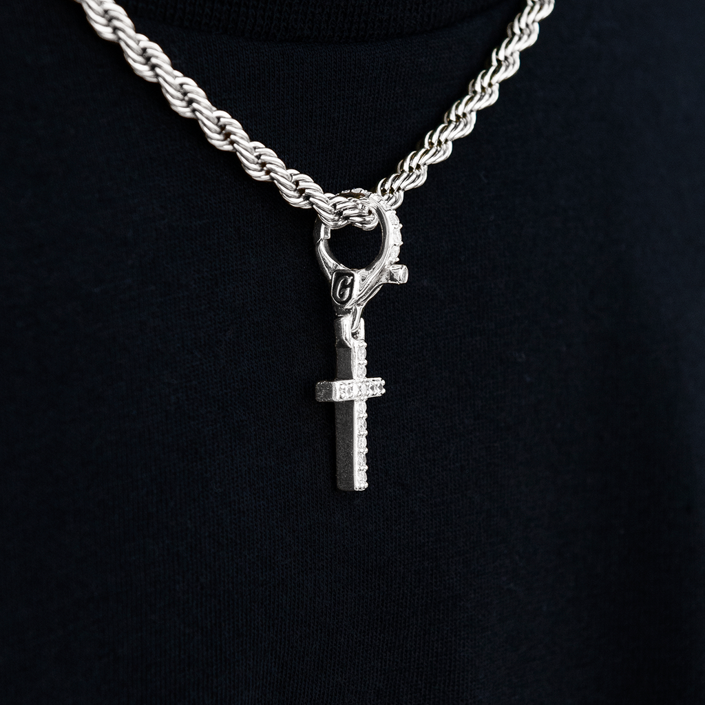 Iced Micro Cross Clip On Pendant in White Gold