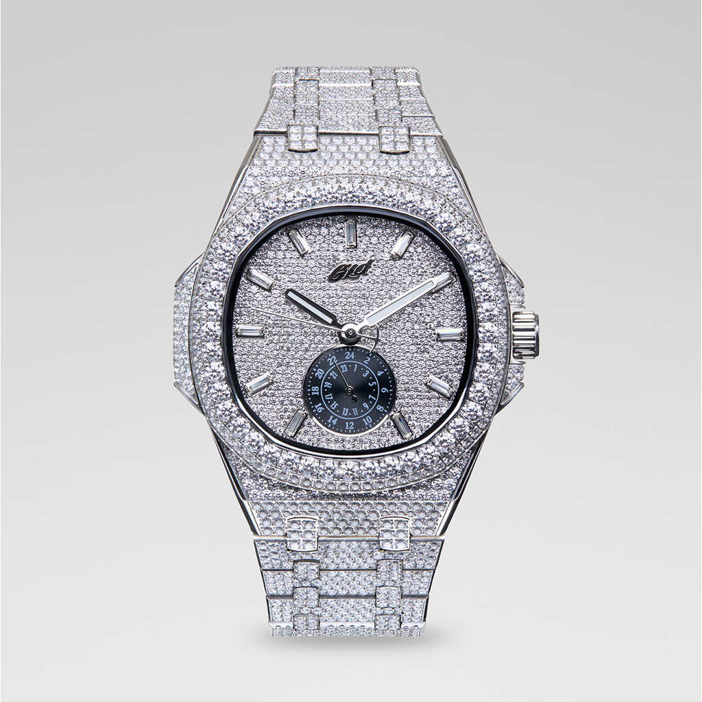 39MM Visionary Fully Iced Case & Steel Band Watch - White Gold