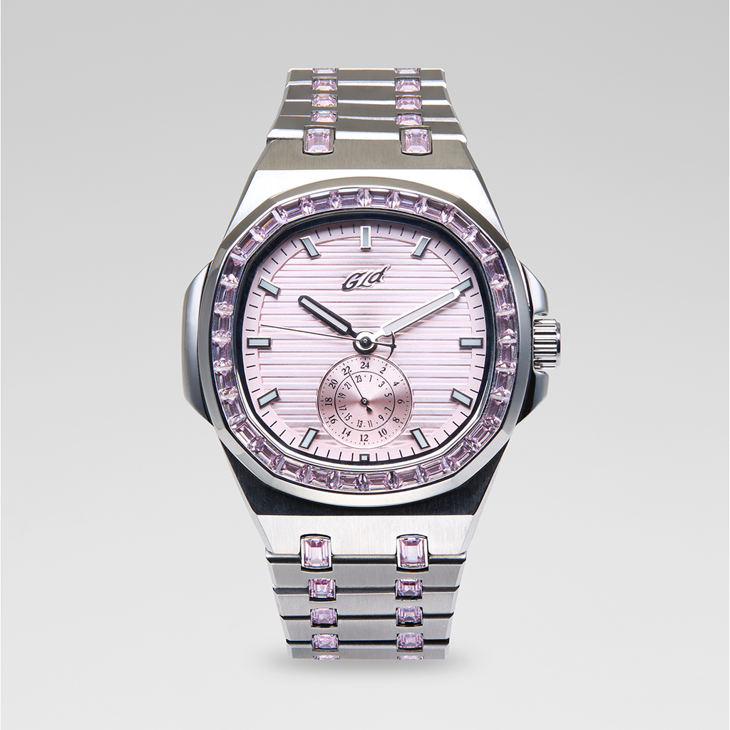 39MM Visionary Iced Pink Stone Band Watch - White Gold