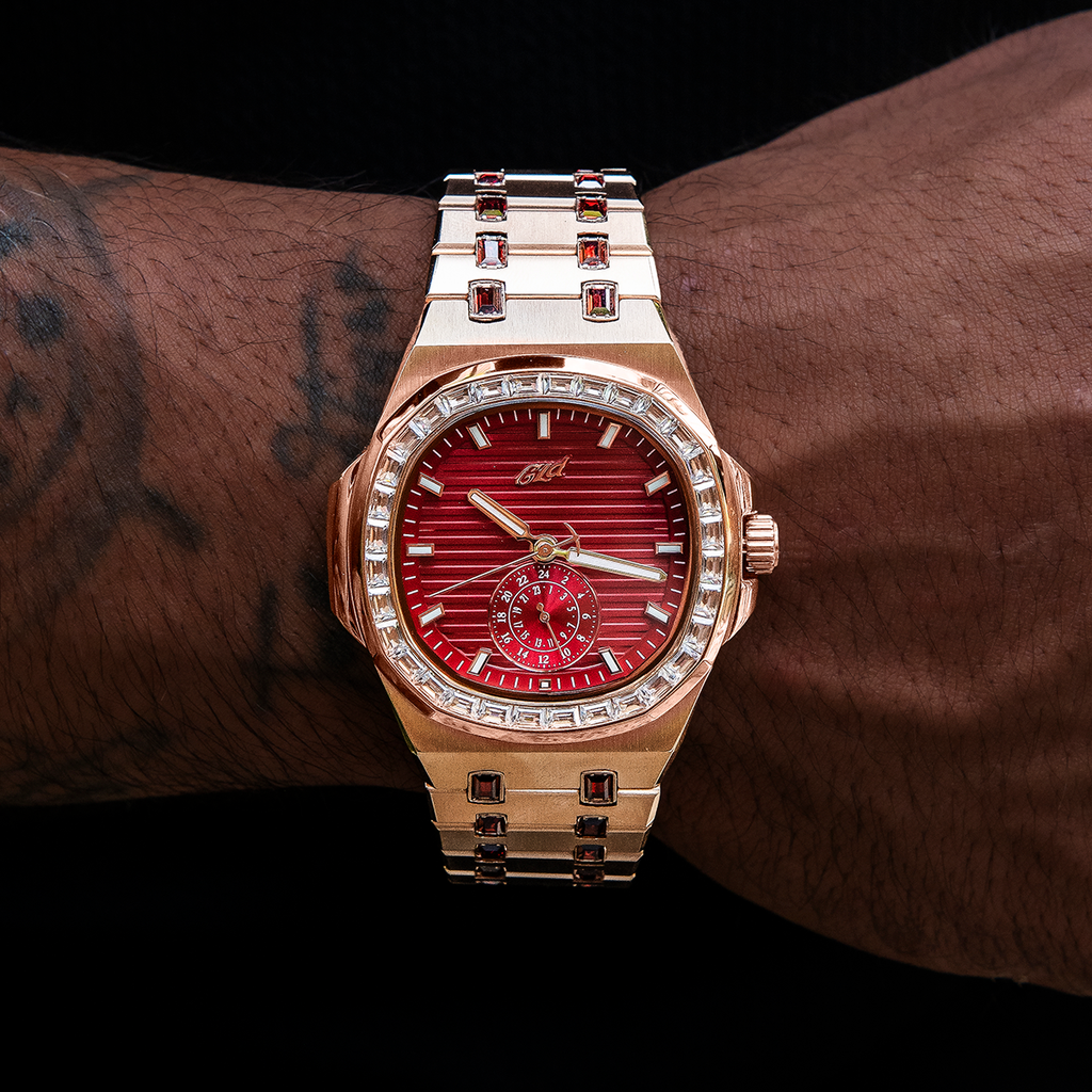 39MM Visionary Iced Ruby Stone Steel Band Watch - Rose Gold