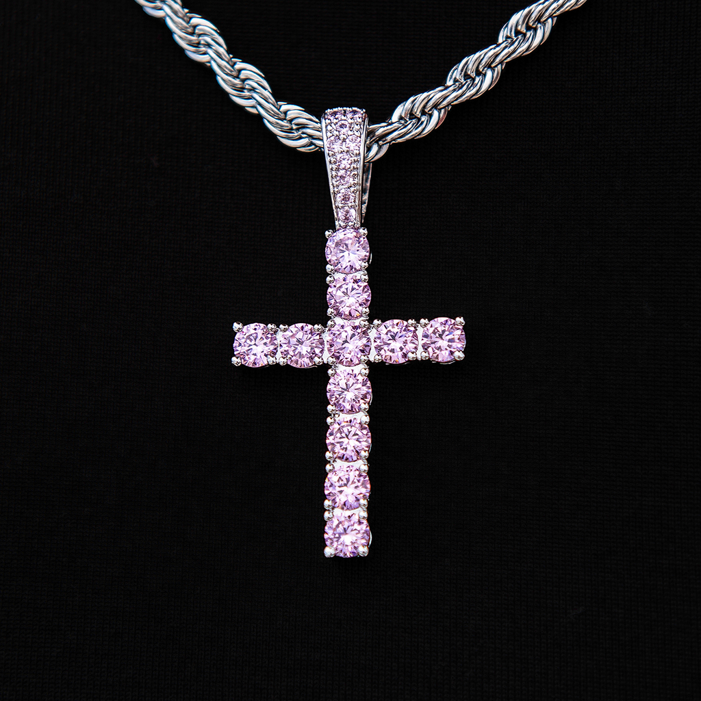 Pink Stone Diamond Cross Pendant in White Gold