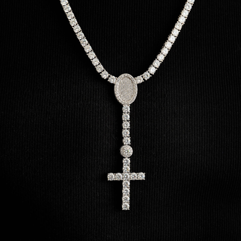 Diamond Eternity Tennis Cross Rosary Lariat in White Gold - 5mm
