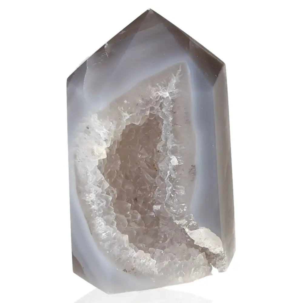 Agate Geoded Points Polished crystal with light gray and white bands, and a rough brown center. 041171
