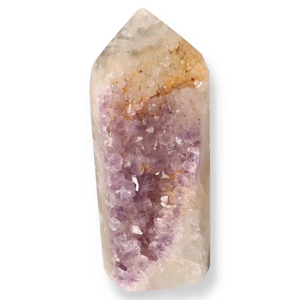 Agate Geoded Points Beige and white with light purple and golden brown details. 037853