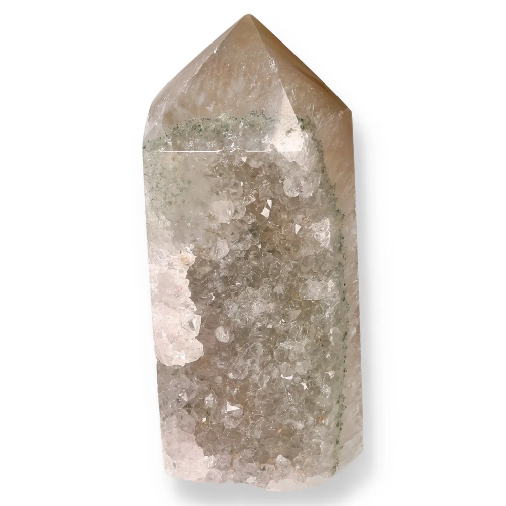 Agate Geoded Points Beige crystal with light brown and white patterns. 039451