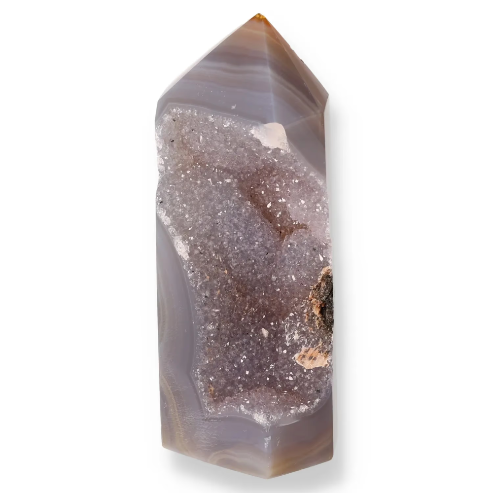 Agate Geoded Points Light brown and gray crystal with streaks and subtle banding. 039581