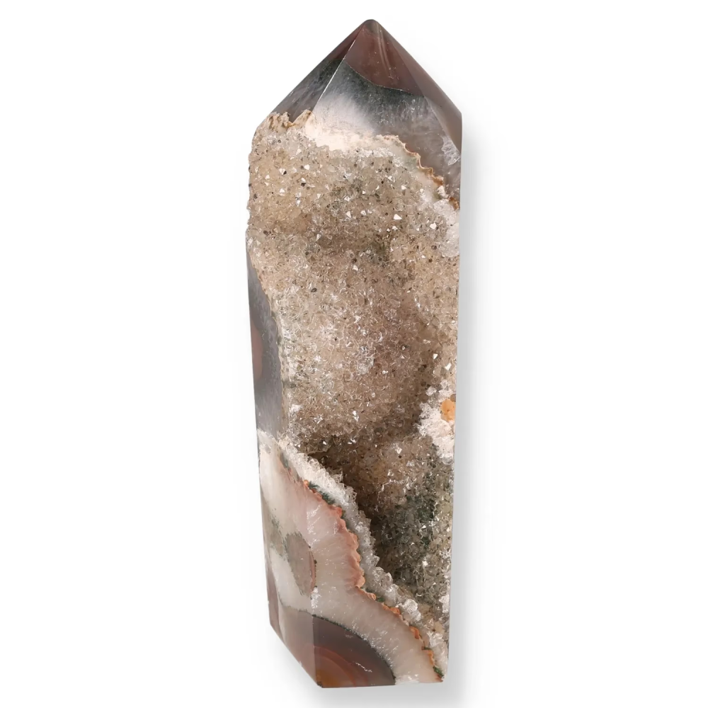 Agate Geoded Points Light brown crystal with beige and gray swirls and patterns. 040068