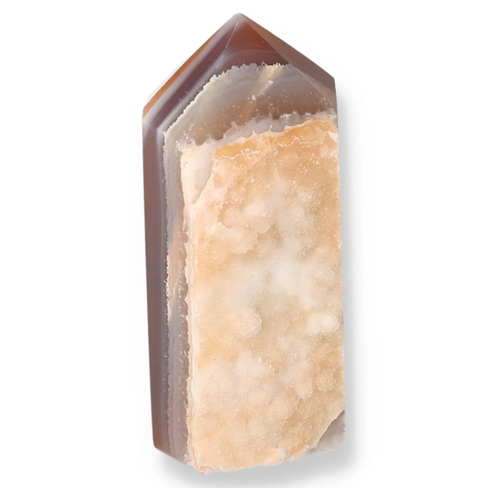 Agate Geoded Points Beige and brown crystal point with a slightly darker tip and a creamy, textured body. 041157