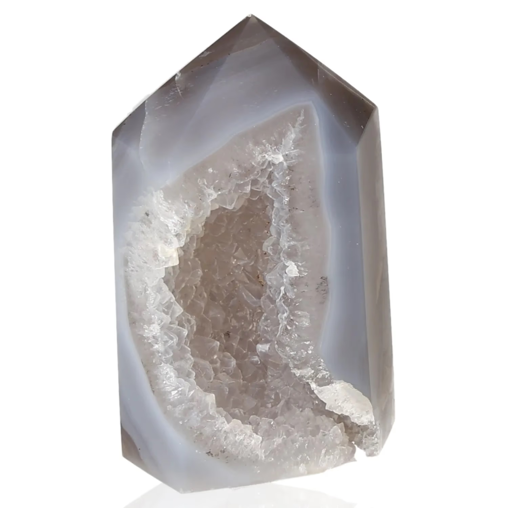 Agate Geoded Points Polished crystal with light gray and white bands, and a rough brown center. 041171
