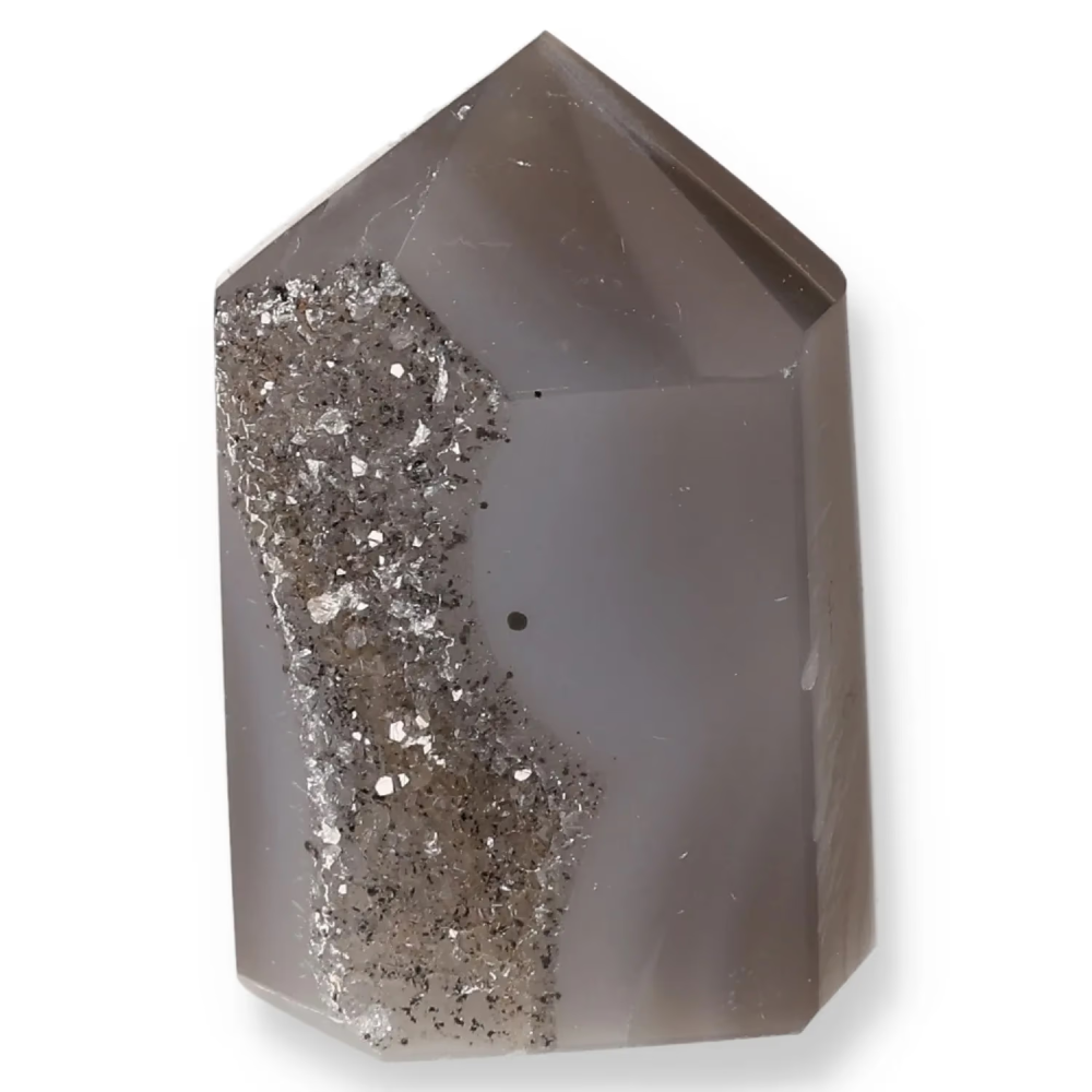Agate Geoded Points Grayish-brown crystal with a vertical cluster of small, sparkling crystals. 041225