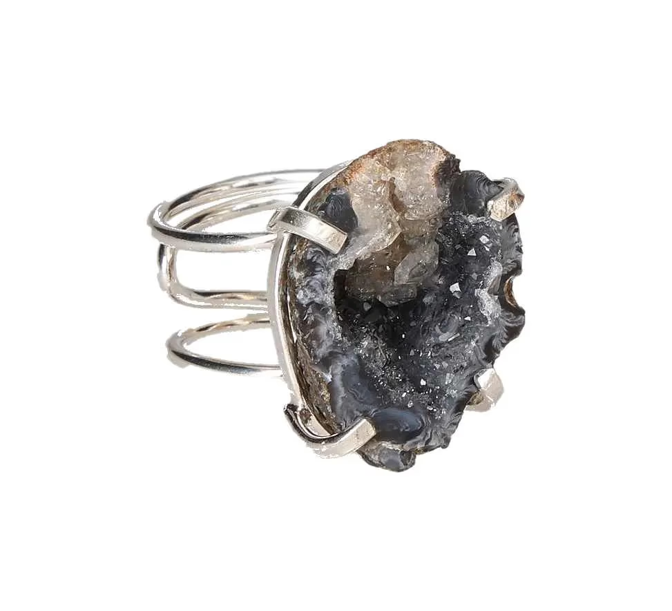 Agate Geode Arc And Wire Ring Silver 613576
