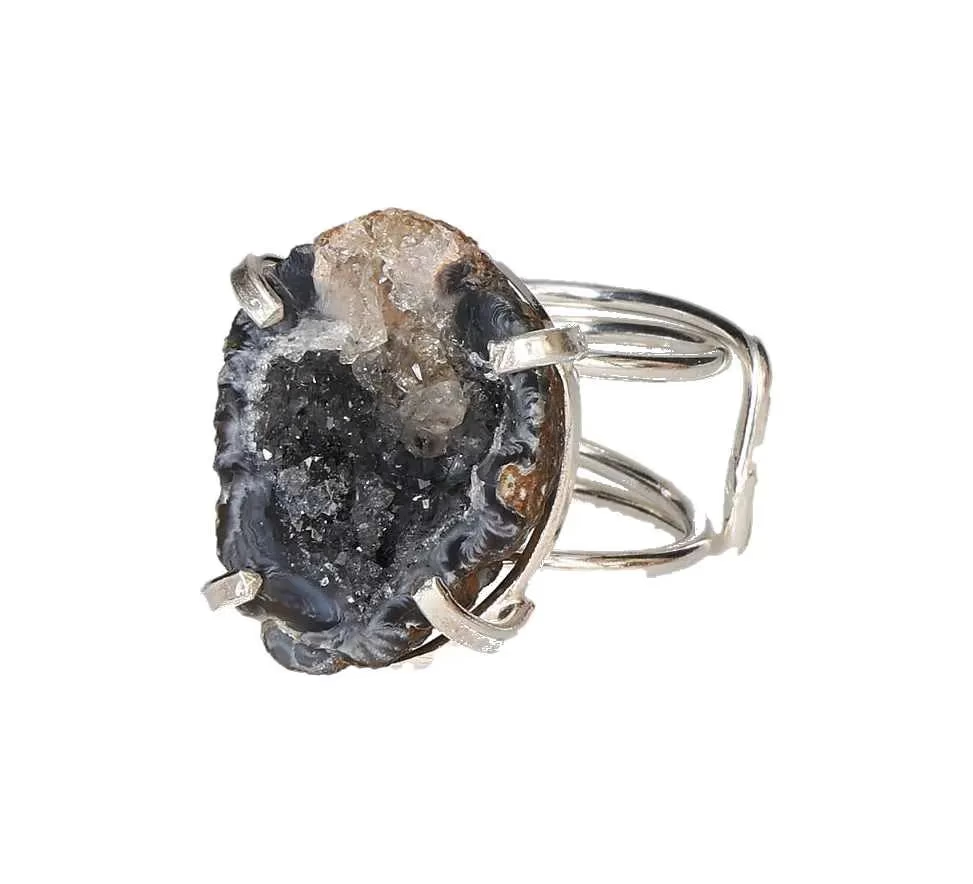 Agate Geode Arc And Wire Ring Silver 613576