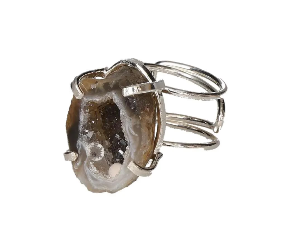 Agate Geode Arc And Wire Ring Silver 613583