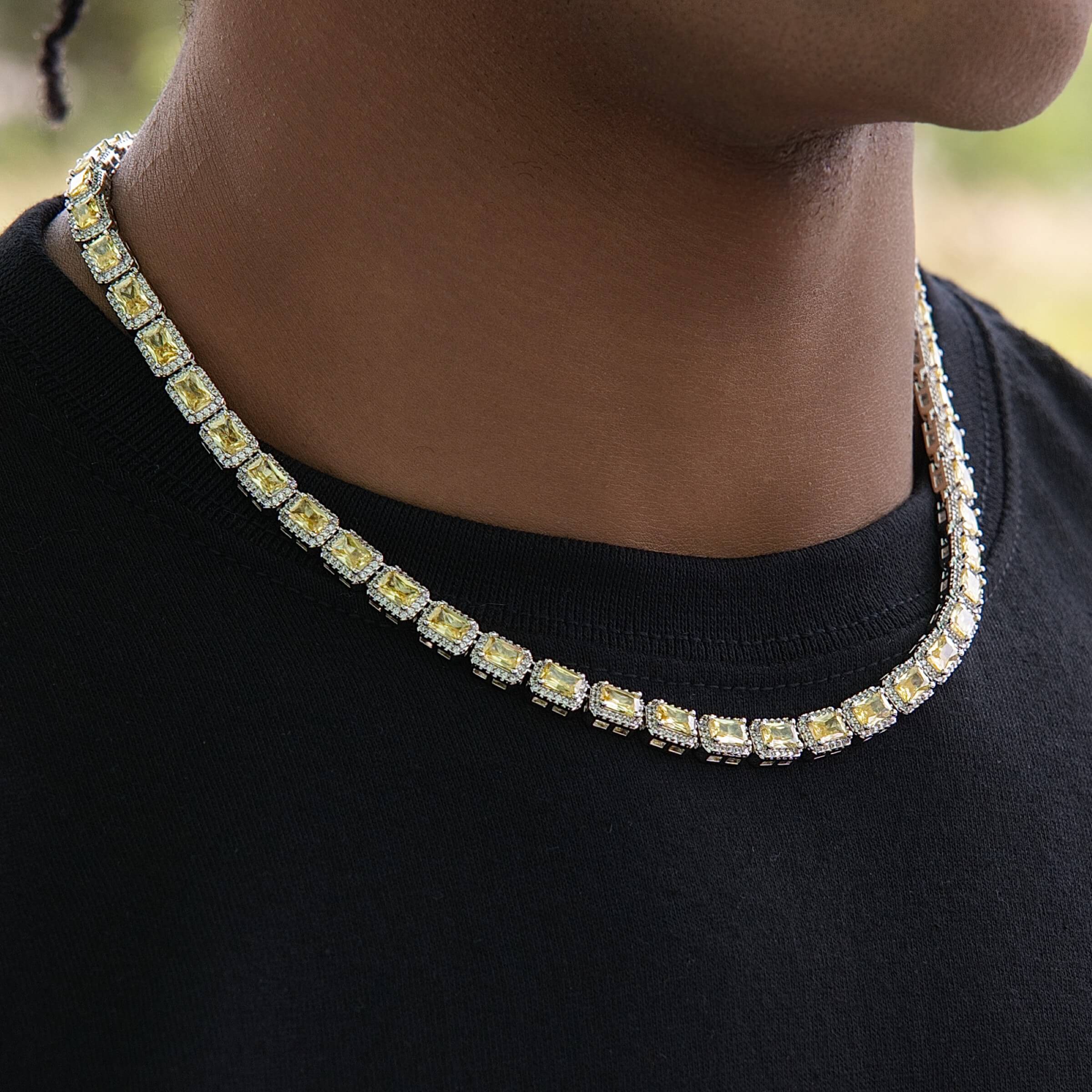 Iced Canary Cushion Cut Tennis Chain in White Gold - 7MM