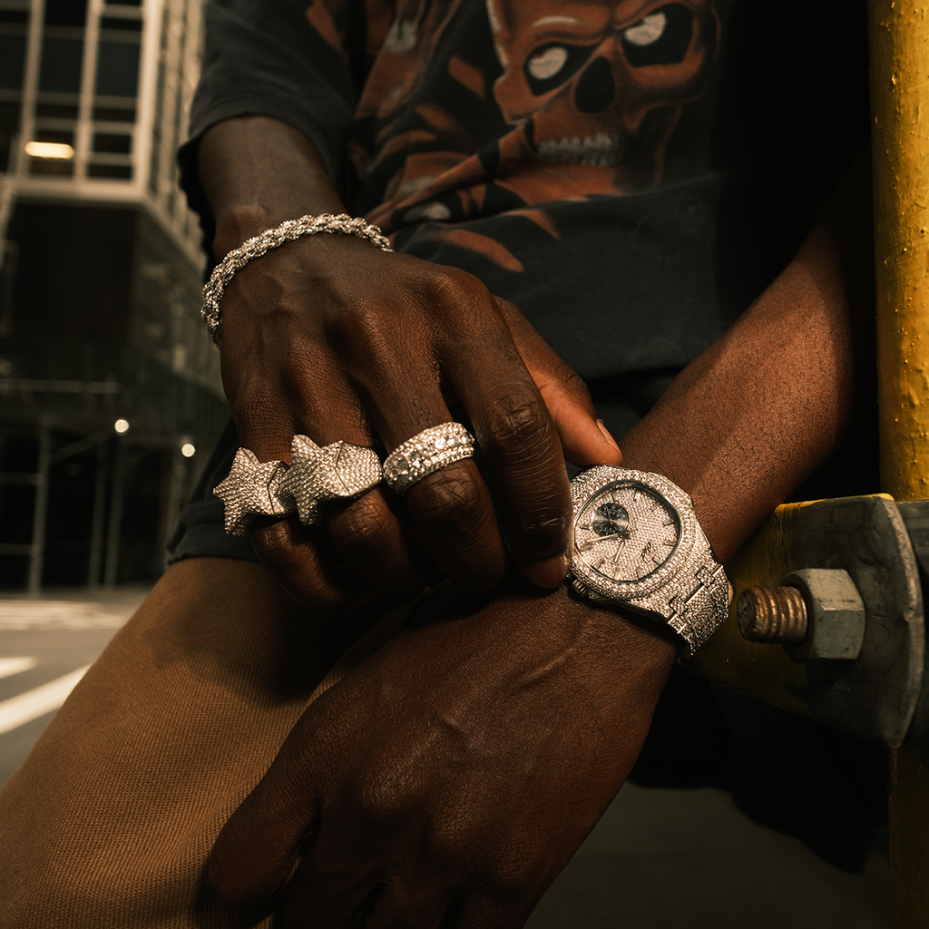 39MM Visionary Fully Iced Case & Steel Band Watch - White Gold