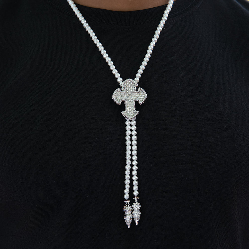 Iced Cross Pearl Bolo Chain in White Gold
