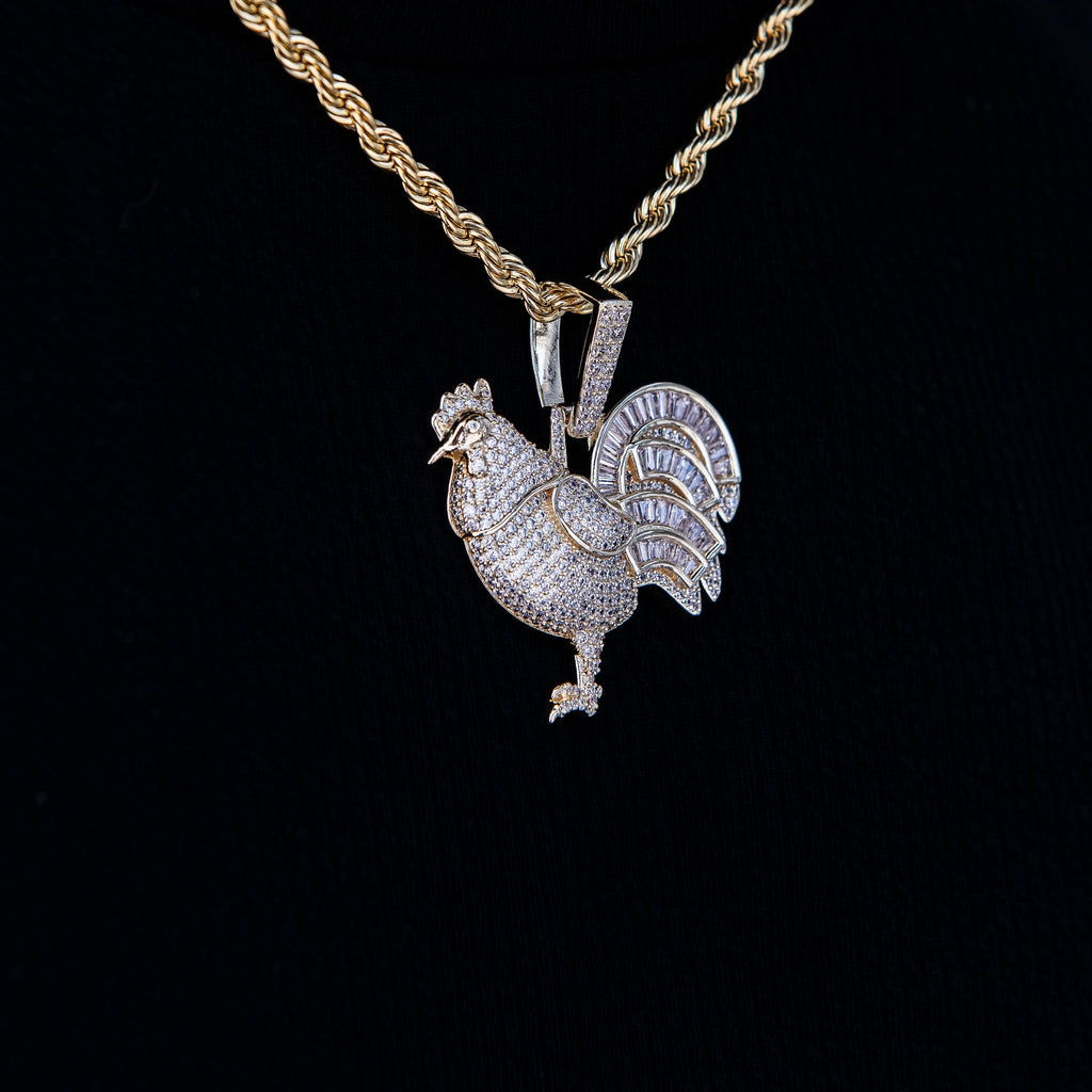 Iced Rooster Pendant in Yellow Gold