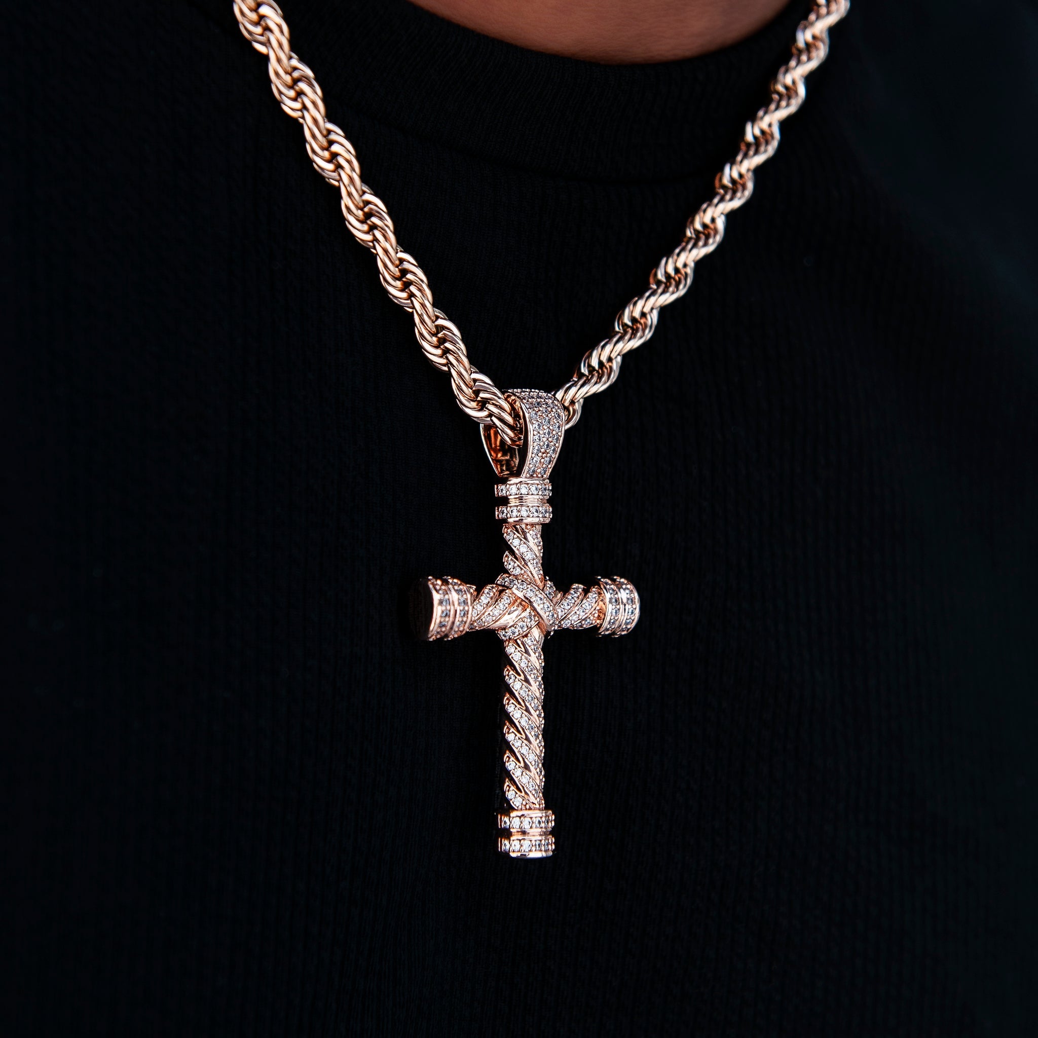 Diamond Rope Cross Pendant in Rose Gold