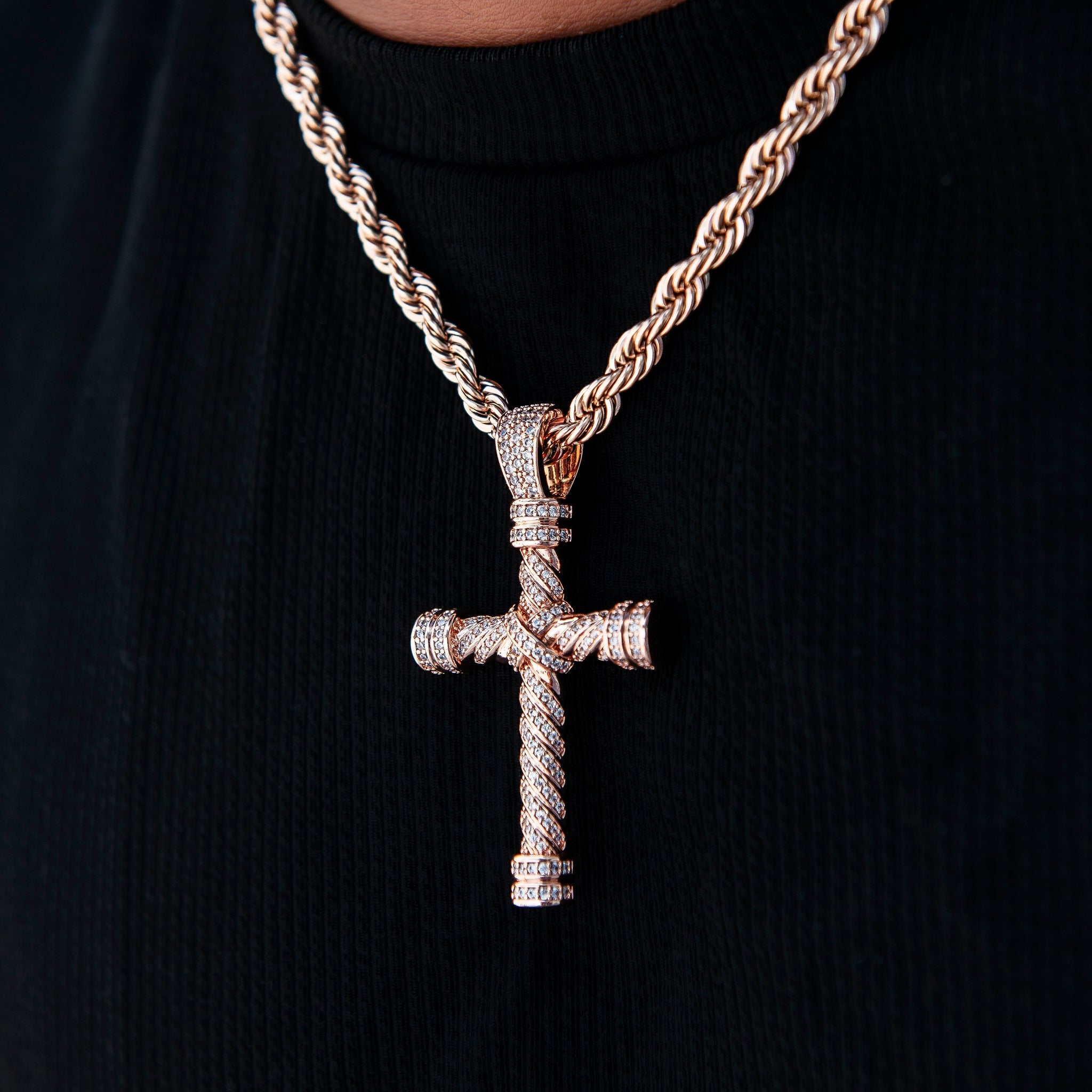 Diamond Rope Cross Pendant in Rose Gold