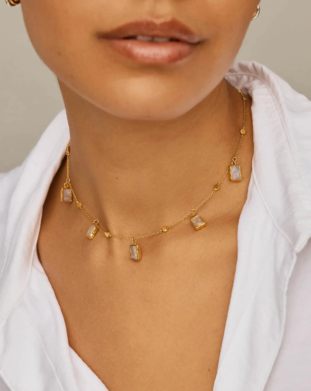 Lena Charm Choker | 18k Gold Vermeil/Rainbow Moonstone