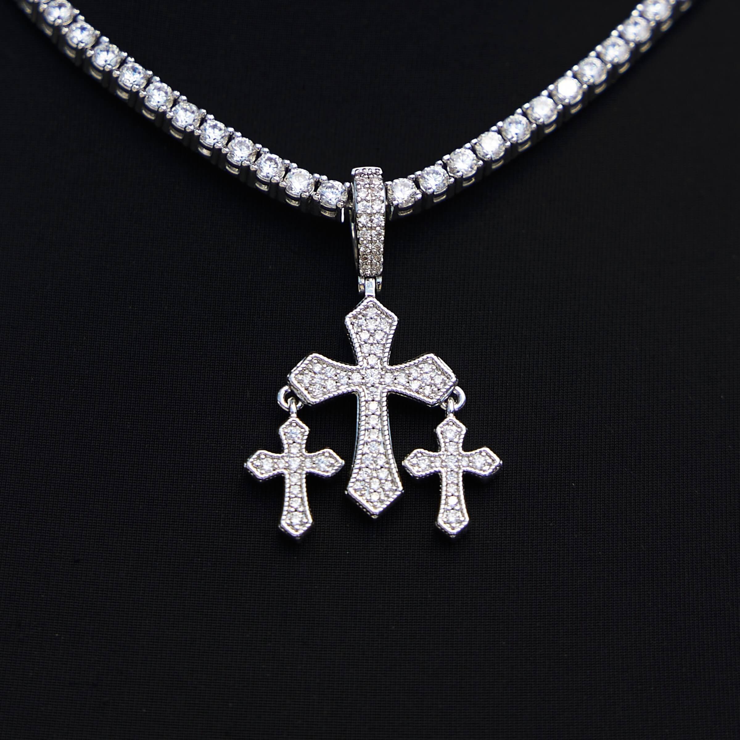 Micro Iced Triple Cross Pendant in White Gold